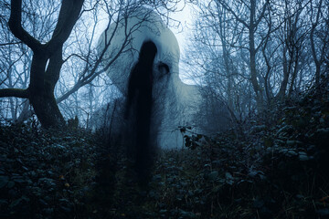 A haunted forest scene in winter with a blurred, translucent ghost, foggy and twisted tree branches