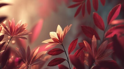 Vibrant red and pink leaves with intricate textures, softly illuminated by warm light, creating a serene and enchanting atmosphere, perfect for nature-themed designs and backgrounds