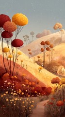 Colorful autumn landscape illustration featuring rolling hills adorned with vibrant trees and flowers, creating a serene and picturesque natural scene with warm hues