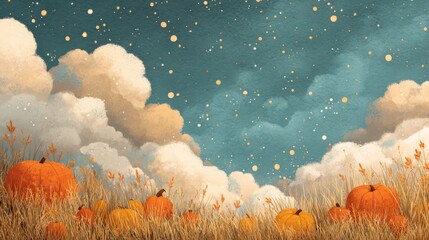 Colorful autumn landscape illustration featuring vibrant pumpkins in a field under a starry night sky with fluffy clouds and a serene atmosphere for seasonal decor