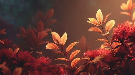Vibrant foliage with warm hues, showcasing intricate leaf structures and blooming flowers, illuminated by soft light, creating a serene and enchanting atmosphere with copy space