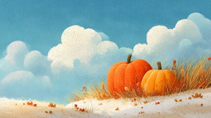 Two vibrant orange pumpkins resting on a grassy field under a bright blue sky with fluffy clouds, creating a warm autumn atmosphere and inviting seasonal charm