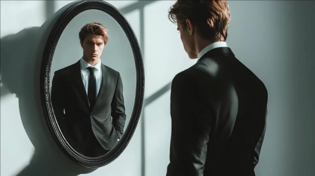 A man in a suit and tie, looking at his reflection in a mirror with an intrigued expression.