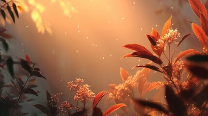 Vibrant foliage with delicate flowers illuminated by warm sunlight, creating a serene atmosphere, showcasing nature's beauty and tranquility in a captivating scene with copy space