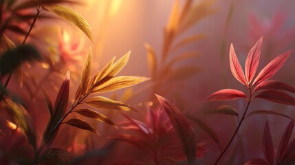 Vibrant foliage with intricate leaf patterns illuminated by soft sunlight, showcasing a stunning array of colors and textures in a serene natural environment with copy space
