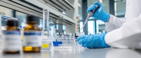 Fototapeta premium Precise scientific analysis is underway as a gloved hand expertly uses a pipette to transfer liquid into a laboratory sample container.