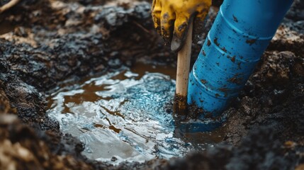 Obraz premium Yellow gloves stirring water in oil-polluted soil