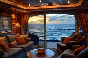 Fototapeta premium A view from a luxurious cruise ship suite, showcasing the plush interior and stunning ocean views from the balcony