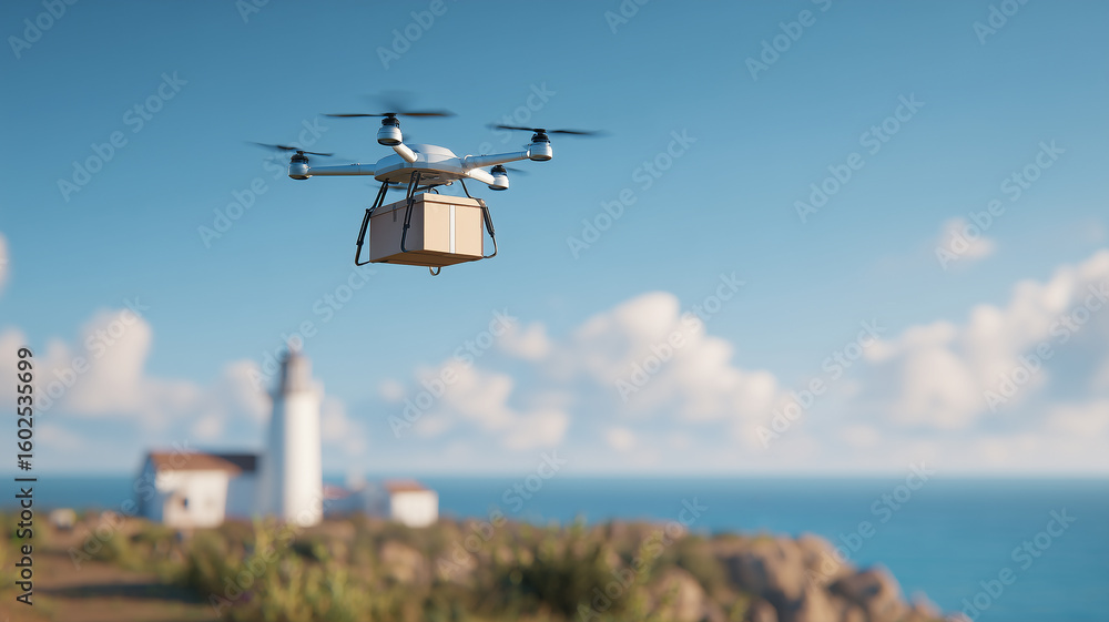 Poster this drone transports a package over a coastal area with a lighthouse in the background on a clear d