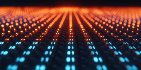 Binary digital code glowing in orange and blue lights