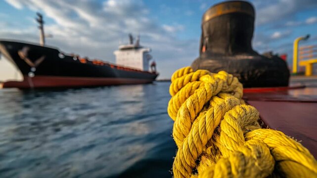 A wide-angle shot captures a cargo vessel's mooring operation, showcasing a hydraulic winch system tightening a yellow rope to secure the ship at the pier.