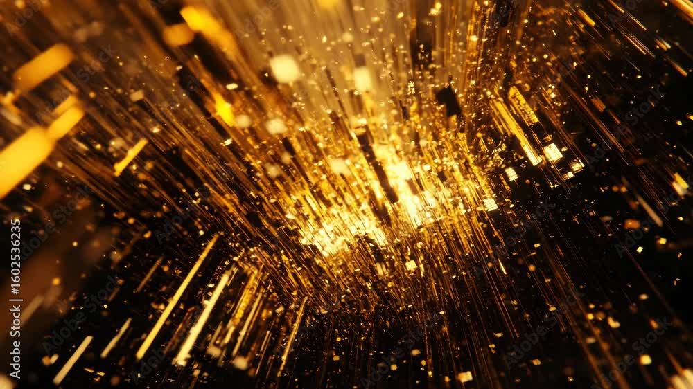 Poster a vibrant burst of golden sparkles against a dark background, creating an abstract bokeh effect.