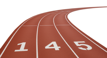 A pristine synthetic rubber running track with five delineated lanes and crisp white markings 1-5, curving into the distance on a stark white, shadowless studio background, captured with a high-angle