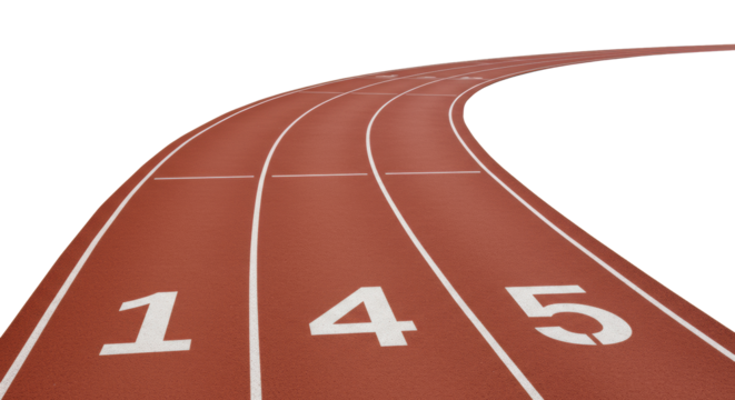 A pristine synthetic rubber running track with five delineated lanes and crisp white markings 1-5, curving into the distance on a stark white, shadowless studio background, captured with a high-angle