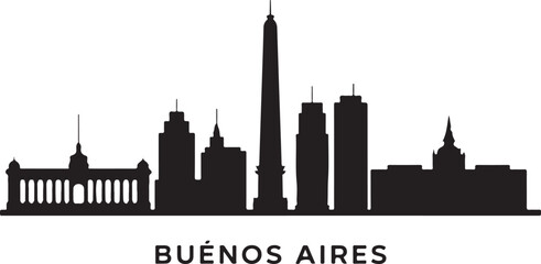 Buenos Aires Skyline Silhouette Vector &mdash; Obelisco and Casa Rosada in Black
