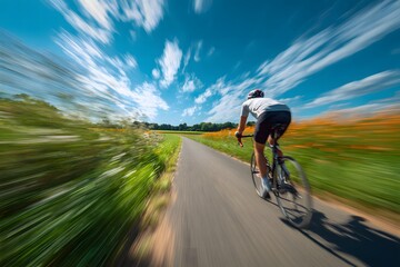 Fototapeta premium Rural Road Cycling - Man Biking Through Golden Fields in Warm Light