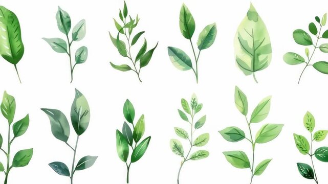 Vector  of various plant leaves in green on a white background.