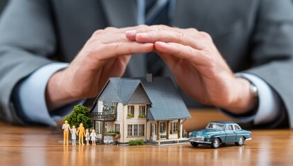 Protecting a miniature house family and car with hands creating a safe haven symbolizing security and insurance for a bright future.