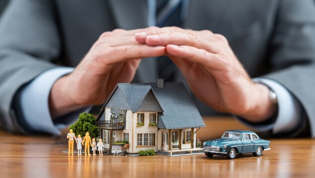 Protecting a miniature house family and car with hands creating a safe haven symbolizing security and insurance for a bright future.