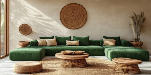 Fototapeta premium Modern interior design of a living room, featuring a green sofa and wooden coffee tables against a beige wall, offering ample copy space. Panoramic 3D rendering, Generative AI