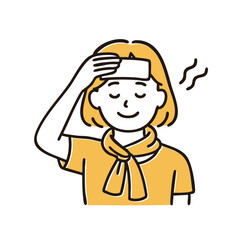 Heat‑stroke prevention &ndash; woman cooling forehead with cold pack, minimal line art illustration