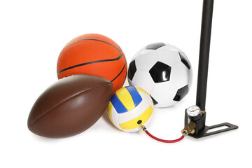 Different sport balls and manual air pump isolated on white