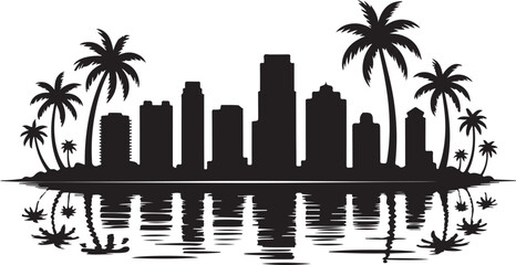Obraz premium Miami Skyline Silhouette Vector — Palm Trees and High-Rise Beach Buildings