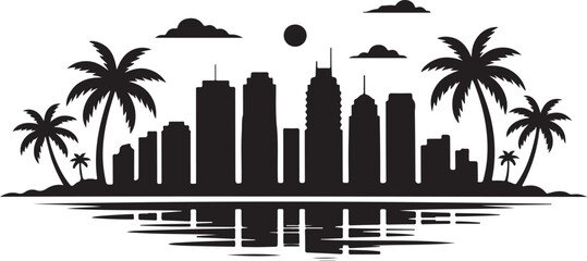 Miami Skyline Silhouette Vector — Palm Trees and High-Rise Beach Buildings