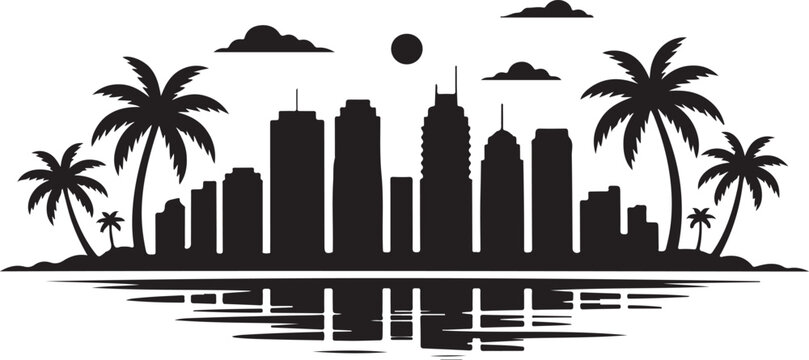 Miami Skyline Silhouette Vector — Palm Trees and High-Rise Beach Buildings