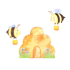 Beehive with bees and flowers, hand drawn watercolor illustration isolated on white background. Can be used for postcards, scrapbooking and other printed products.