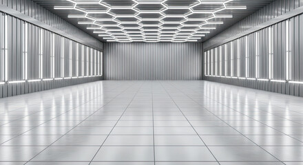 Empty room with reflective gray tile floor and modern hexagonal lighting under ceiling. Clean, futuristic design ideal for product display background in car auto service, car wash or auto detailing.