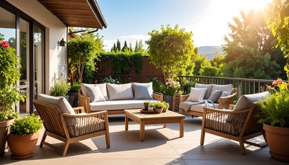 Obraz premium Outdoor patio area with furniture and greenery
