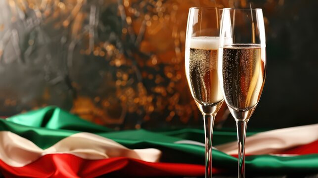 Bulgaria independence day celebration with champagne and national flag. Horizontal banner. Copy space. Two glasses of champagne and flag of Bulgaria