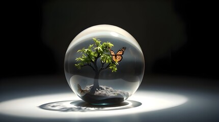 A gently lit image depicts an adorable, charming crystal sphere encasing a miniature tree and butterfly, symbolizing nature's fragility, with diffused shadows and subtle illumination