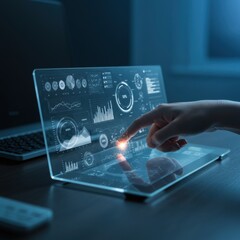Fototapeta premium Interactive Data Visualization on Futuristic Transparent Screen: Modern Technology and Digital Analytics