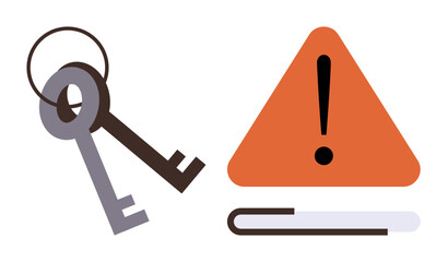 Two keys beside an orange warning triangle with an exclamation mark underlined in a simple graphic. Ideal for security, access control, risk management, warning signs, cybersecurity, error