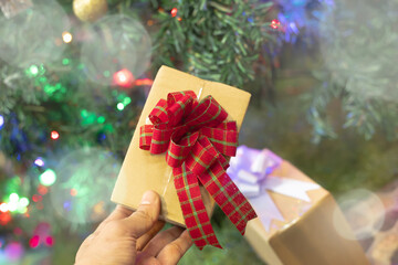 Hand Holding a Christmas Gift Against a Decorated Tree