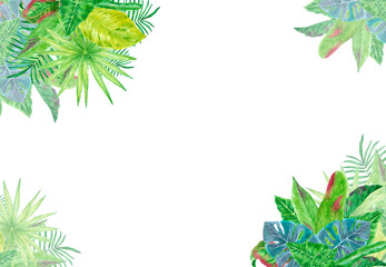 Tropical leaves frame border, hand drawn watercolor illustration isolated on white background. Can be used for cards, invitation and other printed products.