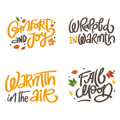Set of hand-drawn autumn quotes with cozy lettering and colorful fall leaves. Perfect for seasonal greeting cards and prints.  