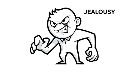 Illustration of an irate cartoon character exhibiting possessiveness and discontent due to jealousy emotions displayed through an intense and