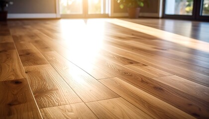 Home decor concept, wooden laminate floor boards background image, varnished wooden board, shiny polished wood parquet floor taken with low angle