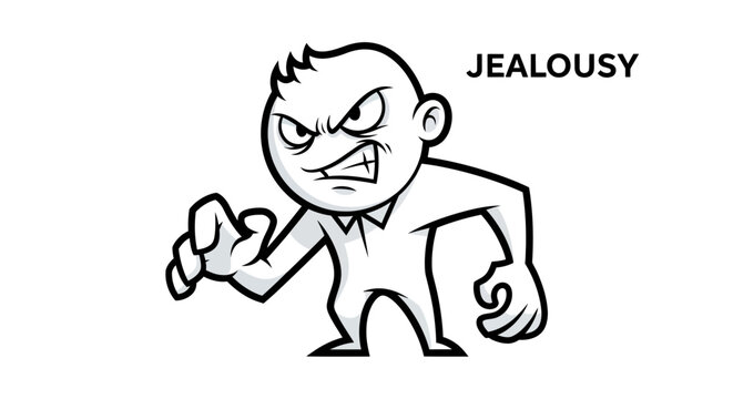 Illustration of an irate cartoon character exhibiting possessiveness and discontent due to jealousy emotions displayed through an intense and