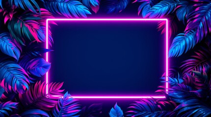 Blue and purple Neon Light with Tropical Leaves on Dark Modern Minimalist Background
