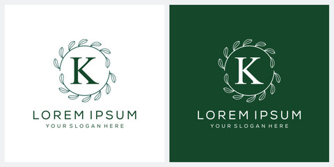 Initial letter k cosmetic spa and fashion logo design, serif font symbol icon, green leaf organic graphic vector