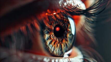 Eye in focus with red and black coloring creating an intense, mysterious vibe.
