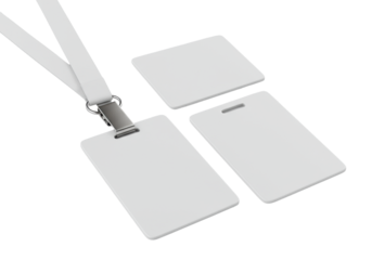 Three identical blank white identification cards, matte plastic, with crisp white lanyards and silver clips, overlapping on a pure transparent studio background with diffused lighting, no shadows,
