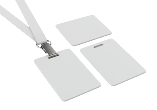 Three identical blank white identification cards, matte plastic, with crisp white lanyards and silver clips, overlapping on a pure transparent studio background with diffused lighting, no shadows,
