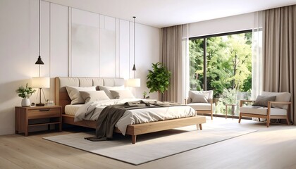 Modern bedroom with natural light and wood tones