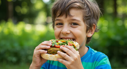 Naklejka premium Young boy smiling while eating a vegetarian sandwich in the park 