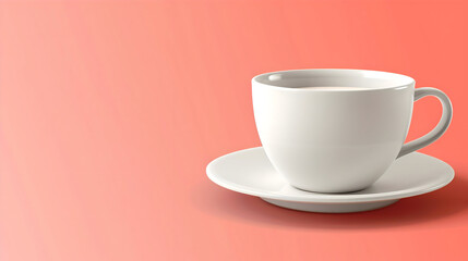Obraz premium A blank white coffee cup with a matching saucer on a gradient coral background with soft highlights leaving the upper-right blank for text overlay elegant branding style 